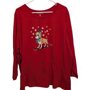 Woman Within Long Sleeve T-shirt Red Christmas Dog Boxer Bulldog Size 2X